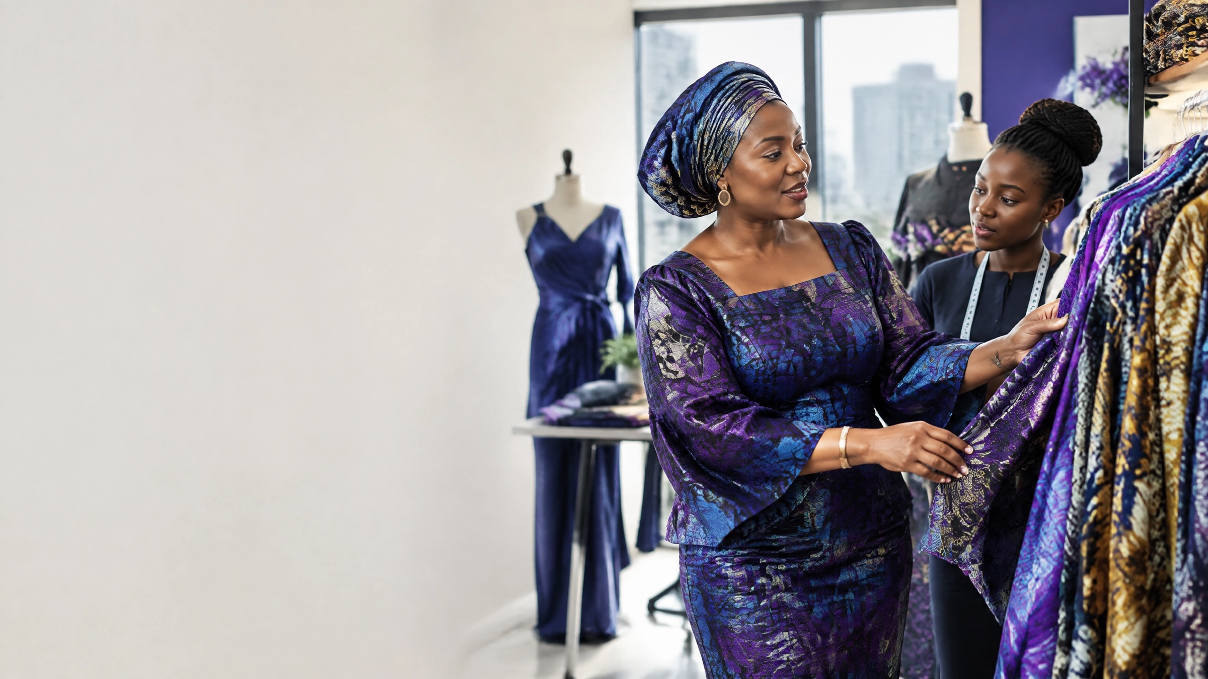 A Nigerian fashion house owner in a purple and blue gele shows fabric to her apprentice