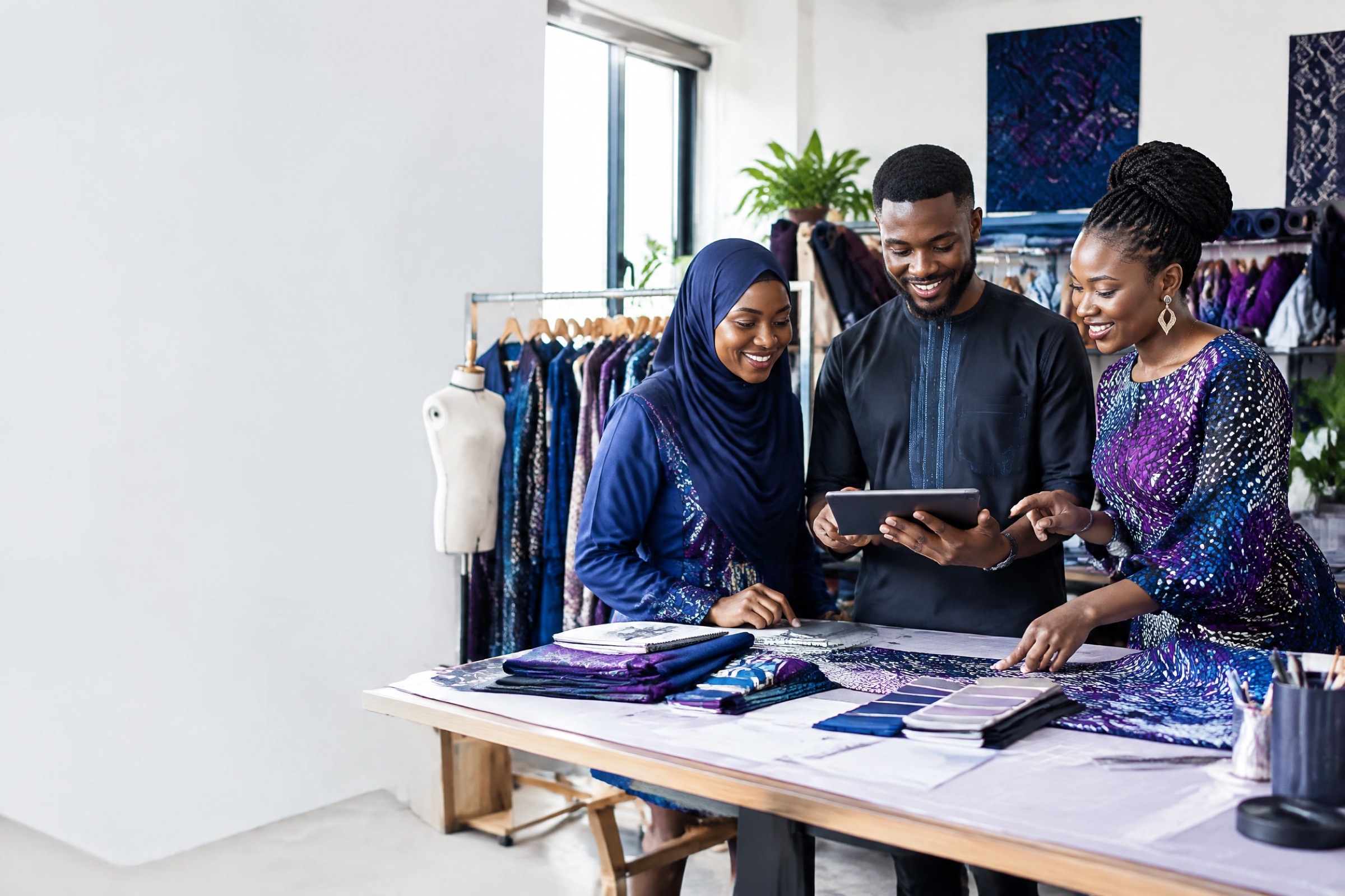 A Nigerian fashion team in hijab, kaftan and Ankara smile over a tablet at a cutting table covered in fabric