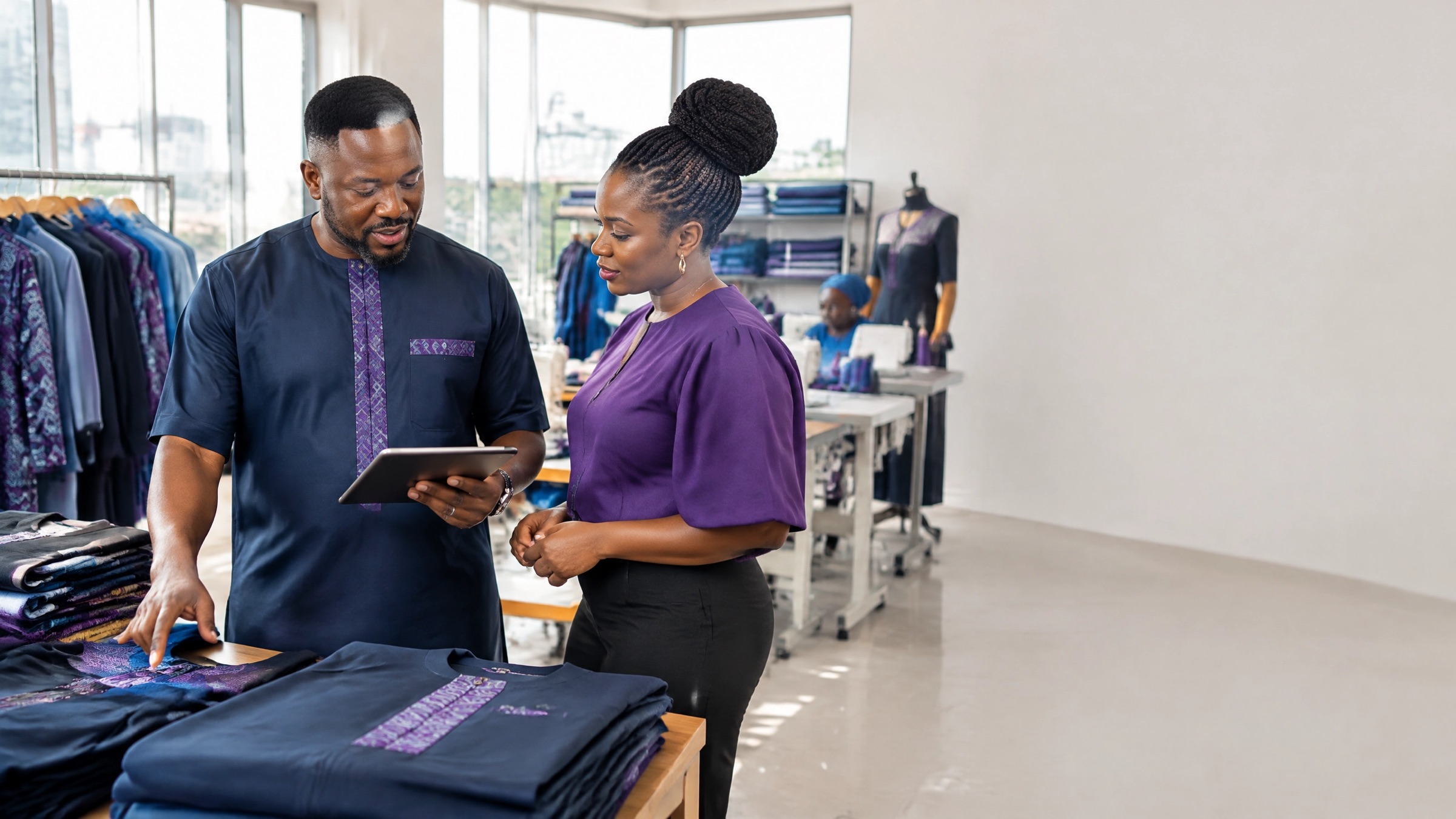 A tailor and shop manager check an order on a tablet beside folded kaftans